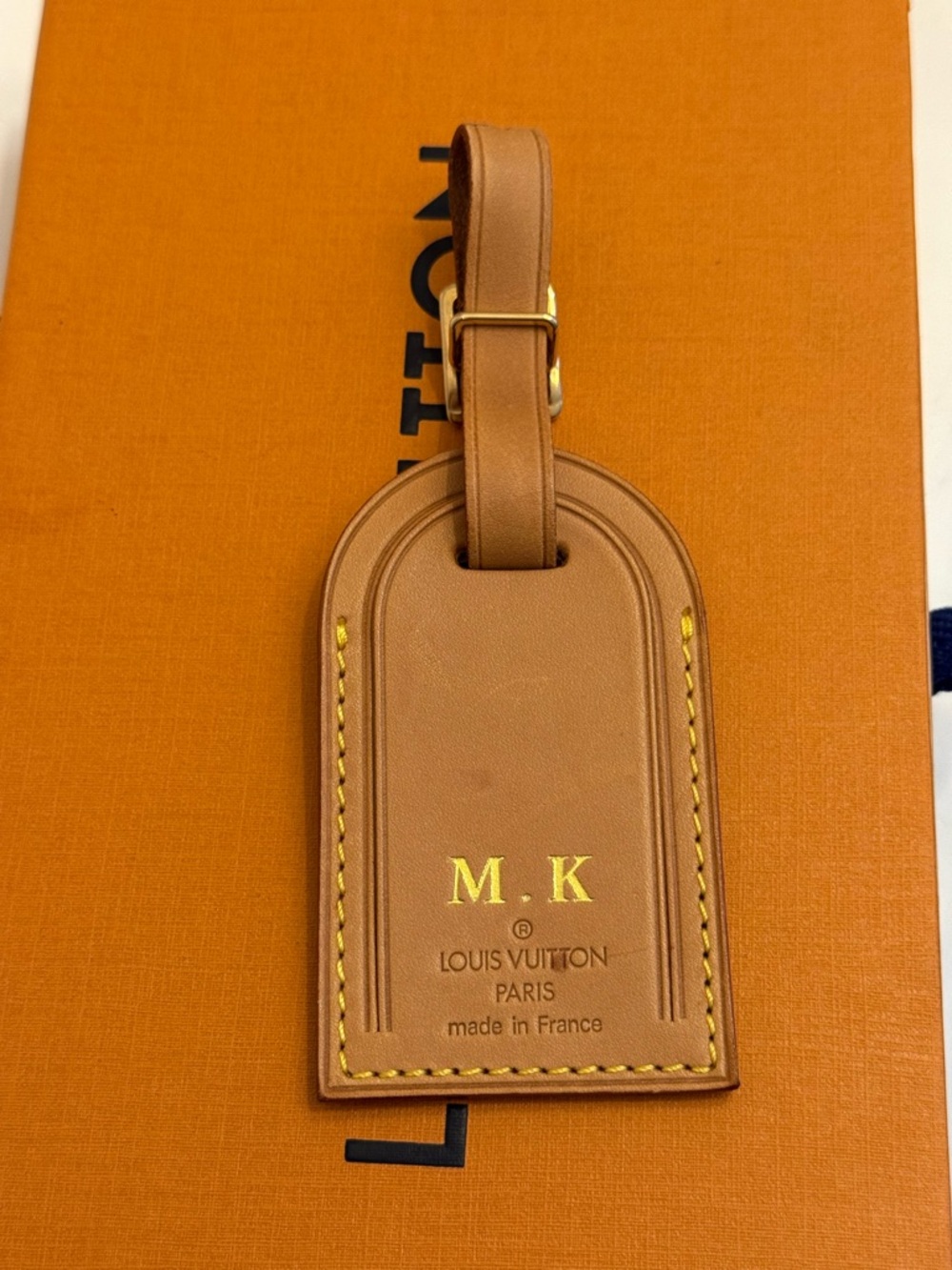 Louis Vuitton Brown Leather Luggage Tag with Gold Lettering